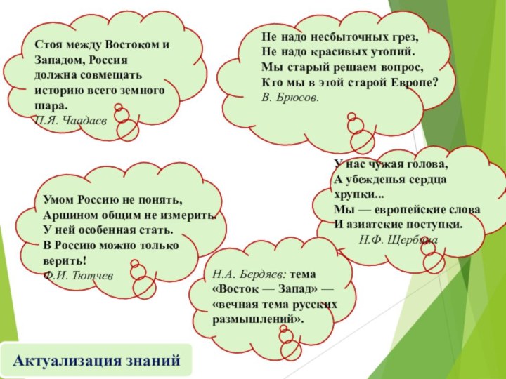 Стоя между Востоком и Западом, Россия должна совмещать историю всего земного шара.П.Я.