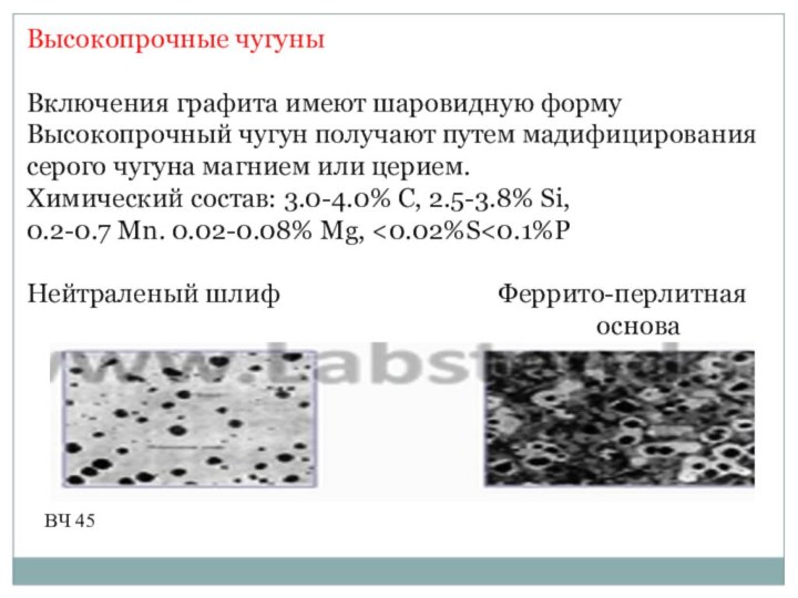 Высокопрочные чугуныВключения графита имеют шаровидную формуВысокопрочный чугун получают путем мадифицирования серого чугуна