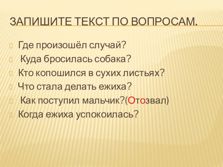 Запишите текст по вопросам.Где произошёл случай? Куда бросилась собака? Кто копошился в