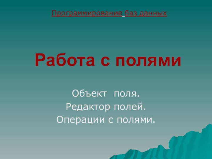 Работа с полямиОбъект поля.Редактор полей.Операции с полями.Программирование баз данных