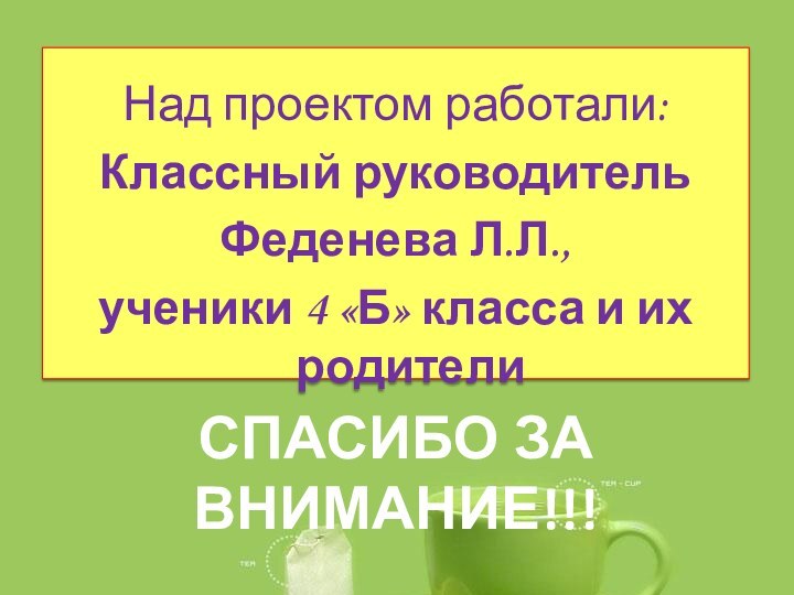 Над проектом работали:Классный руководительФеденева Л.Л.,ученики 4 «Б» класса и их родителиСПАСИБО ЗА ВНИМАНИЕ!!!