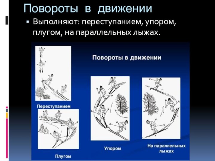 Повороты в движенииВыполняют: переступанием, упором, плугом, на параллельных лыжах.