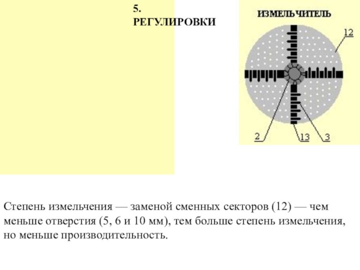 5.РЕГУЛИРОВКИСтепень измельчения — заменой сменных секторов (12) — чем меньше отверстия (5,