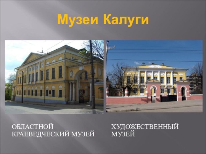 Музеи КалугиОБЛАСТНОЙ КРАЕВЕДЧЕСКИЙ МУЗЕЙХУДОЖЕСТВЕННЫЙ МУЗЕЙ