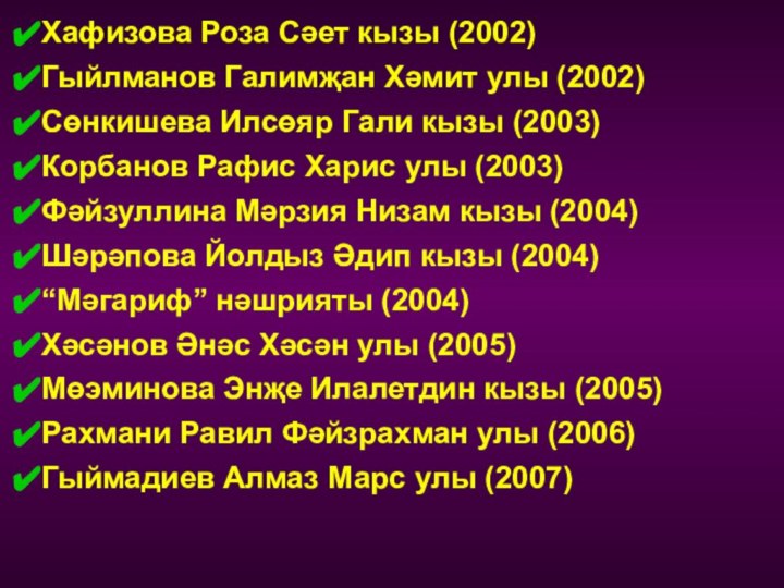 Хафизова Роза Сәет кызы (2002)Гыйлманов Галимҗан Хәмит улы (2002)Сөнкишева Илсөяр Гали кызы