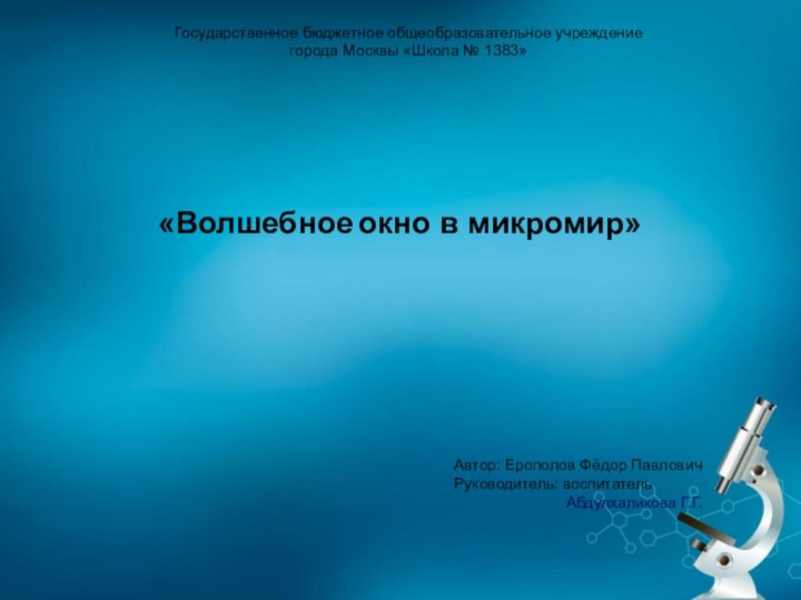 Государственное бюджетное общеобразовательное учреждениегорода Москвы «Школа № 1383»«Волшебное окно в микромир»Автор: Ерополов