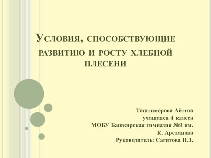 Условия, способствующие развитию и росту хлебной плесениТаштимерова Айгизаучащаяся 4 классаМОБУ Башкирская гимназия