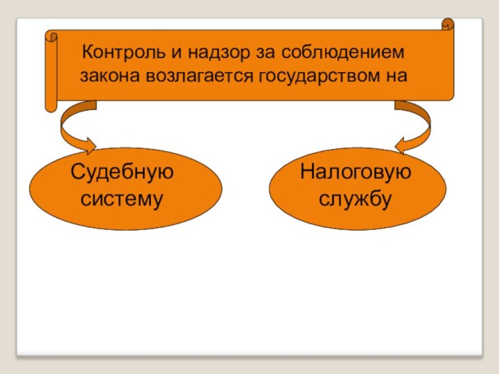 Контроль и надзор за соблюдением закона возлагается государством на Судебную системуНалоговую службу