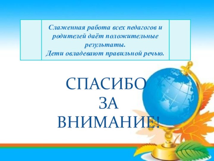 СПАСИБО ЗА ВНИМАНИЕ!Слаженная работа всех педагогов и родителей даёт положительные результаты. Дети овладевают правильной речью.