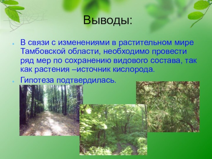 Выводы:В связи с изменениями в растительном мире Тамбовской области, необходимо провести ряд