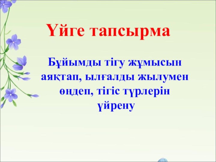 Үйге тапсырма Бұйымды тігу жұмысын аяқтап, ылғалды жылумен өңдеп, тігіс түрлерін үйрену