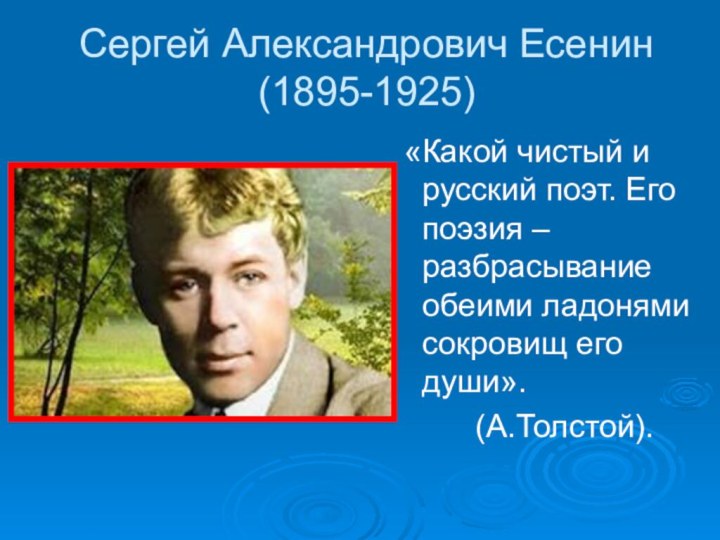 Сергей Александрович Есенин (1895-1925) «Какой чистый и русский поэт. Его поэзия –