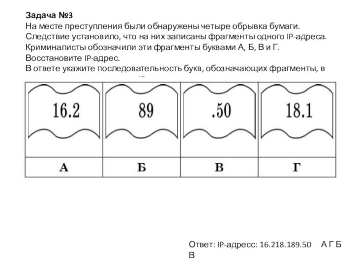 Задача №3 На месте преступления были обнаружены четыре обрывка бумаги. Следствие установило,