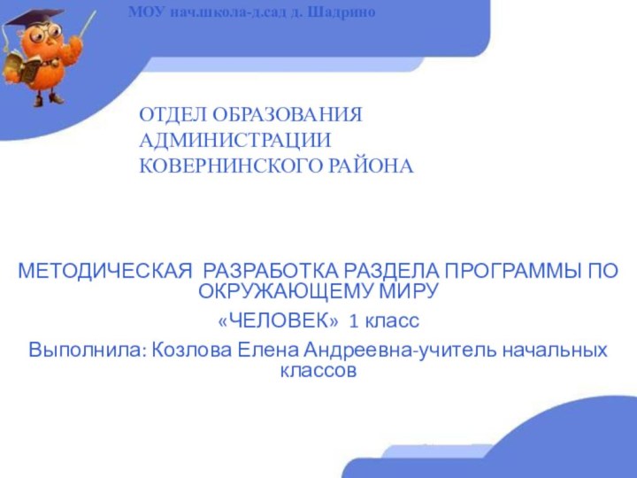 МЕТОДИЧЕСКАЯ РАЗРАБОТКА РАЗДЕЛА ПРОГРАММЫ ПО ОКРУЖАЮЩЕМУ МИРУ«ЧЕЛОВЕК» 1 классВыполнила: Козлова Елена