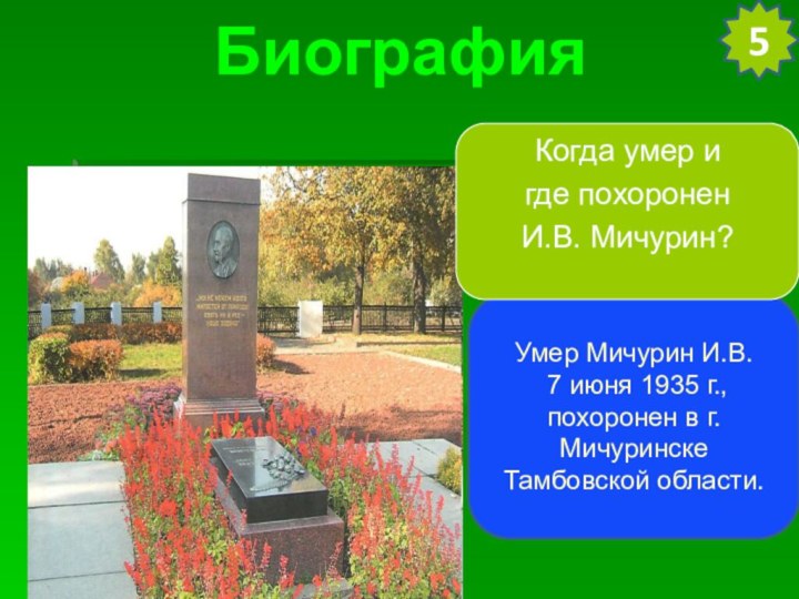 БиографияУмер Мичурин И.В. 7 июня 1935 г., похоронен в г. Мичуринске Тамбовской