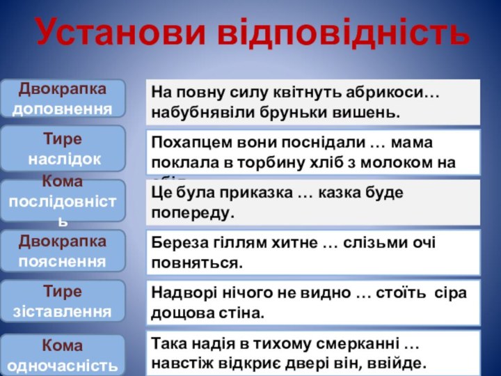 Установи відповідність  Тире наслідокДвокрапкадоповненняТире зіставленняДвокрапка поясненняКомапослідовністьПохапцем вони поснідали … мама поклала