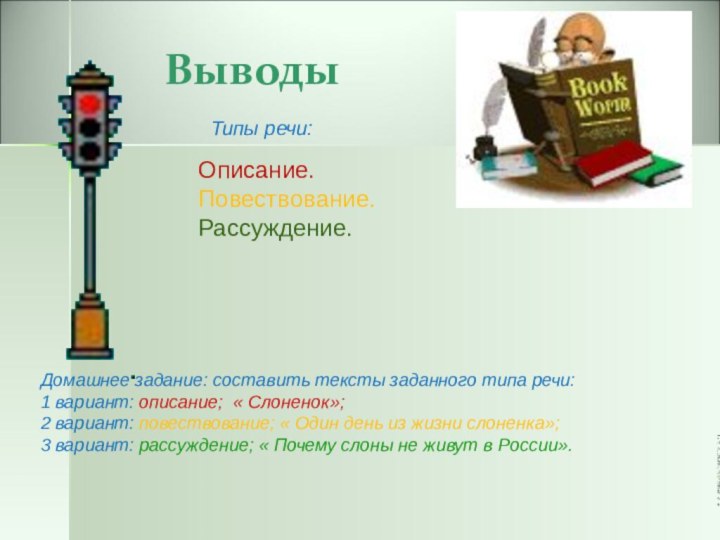 Выводы  Домашнее задание: составить тексты заданного типа речи:1 вариант: описание; «