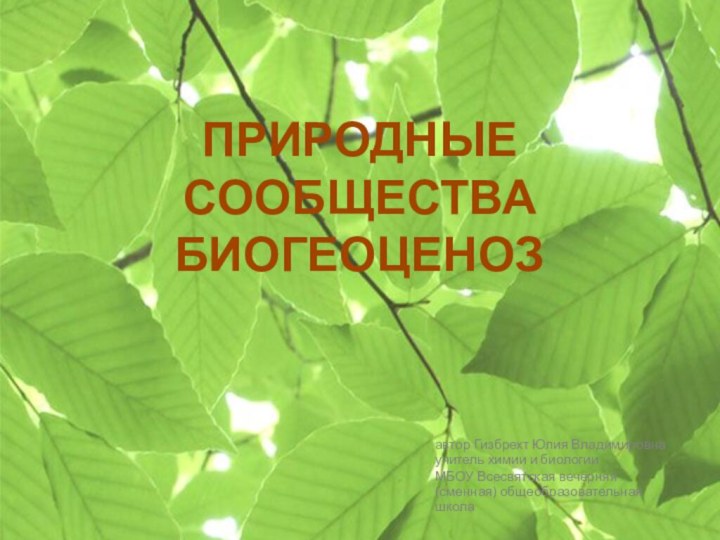 ПРИРОДНЫЕ СООБЩЕСТВА БИОГЕОЦЕНОЗавтор Гизбрехт Юлия Владимировна учитель химии и биологииМБОУ Всесвятская вечерняя (сменная) общеобразовательная школа