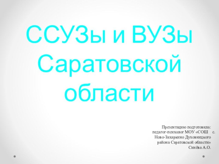 ССУЗы и ВУЗы Саратовской областиПрезентацию подготовила: педагог-психолог МОУ «СОШ  с. Ново-Захаркино