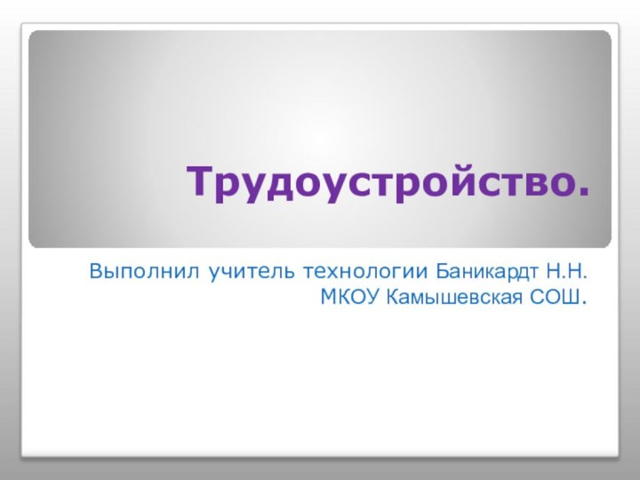 Трудоустройство. Выполнил учитель технологии Баникардт Н.Н. МКОУ Камышевская СОШ.