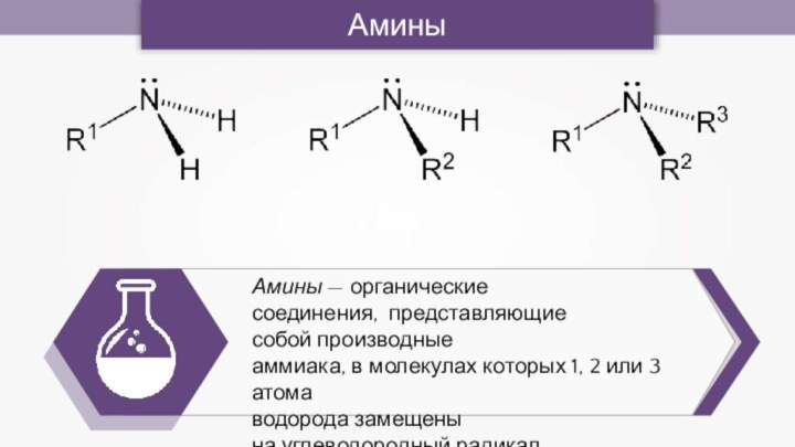 Амины — органические соединения, представляющие собой производныеаммиака, в молекулах которых 1, 2