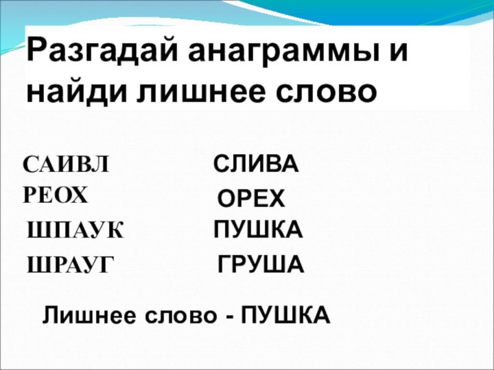 Разгадай анаграммы и найди лишнее словоСАИВЛ  ШПАУКШРАУГСЛИВАОРЕХПУШКАГРУШАРЕОХЛишнее слово - ПУШКА