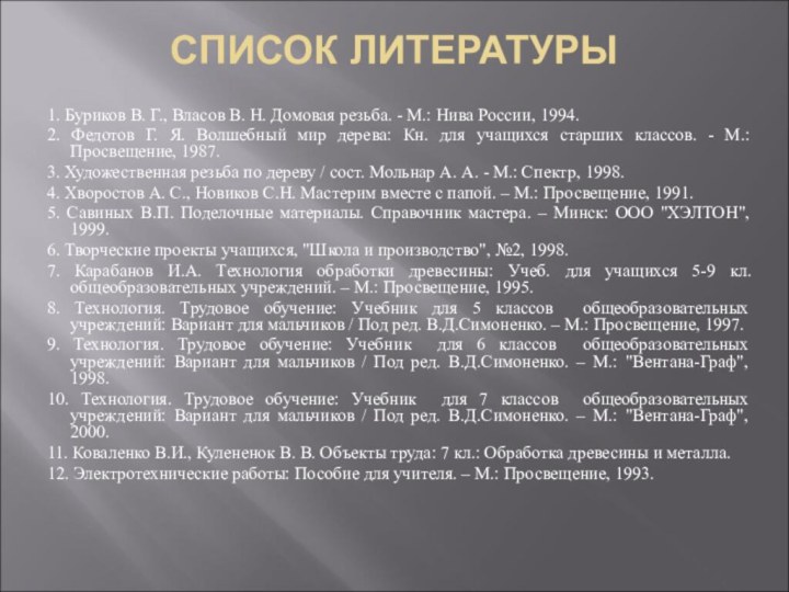 СПИСОК ЛИТЕРАТУРЫ 1. Буриков В. Г., Власов В. Н. Домовая резьба. -