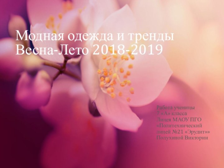 Модная одежда и тренды  Весна-Лето 2018-2019Работа ученицы 7 «А» класса Лицея