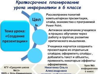 Краткосрочное планирование урока информатики в 6 классе