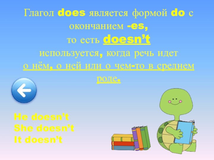 Глагол does является формой do с окончанием -es,то есть doesn’tиспользуется, когда речь