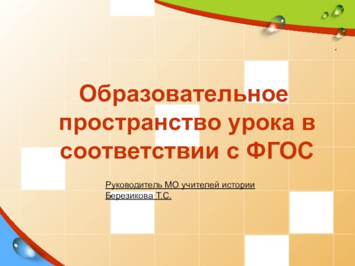 .  Образовательное пространство урока в соответствии с ФГОС         Руководитель МО учителей историиБерезикова Т.С.