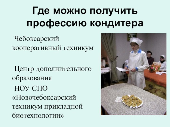 Где можно получить профессию кондитера	Чебоксарский кооперативный техникум		Центр дополнительного образования	НОУ СПО «Новочебоксарский техникум прикладной биотехнологии»