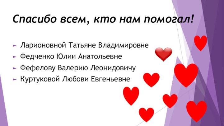 Спасибо всем, кто нам помогал!Ларионовной Татьяне ВладимировнеФедченко Юлии АнатольевнеФефелову Валерию ЛеонидовичуКуртуковой Любови Евгеньевне