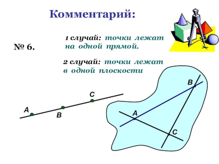 Комментарий: № 6.АВС1 случай: точки лежат на одной прямой.АВС2 случай: точки лежат в одной плоскости