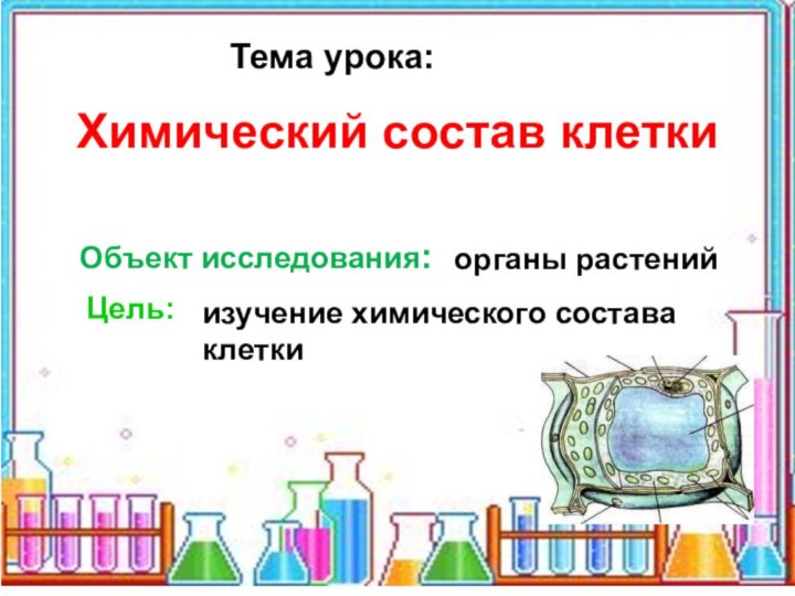 Тема урока:Объект исследования:органы растенийЦель:изучение химического состава клетки Химический состав клетки