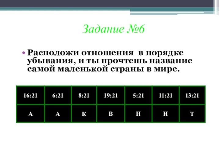 Задание №6Расположи отношения в порядке убывания, и ты прочтешь название самой маленькой страны в мире.