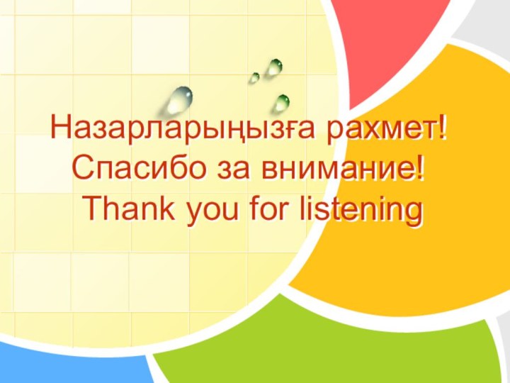 Назарларыңызға рахмет! Спасибо за внимание!  Thank you for listening