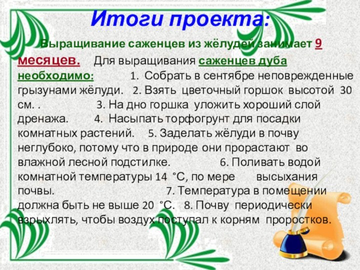 Итоги проекта:		Выращивание саженцев из жёлудей занимает 9 месяцев. 	Для выращивания саженцев дуба