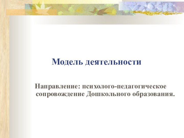 Модель деятельностиНаправление: психолого-педагогическое сопровождение Дошкольного образования.