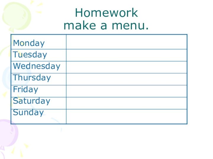 Homework make a menu.MondayTuesdayWednesdayThursdayFridaySaturdaySunday