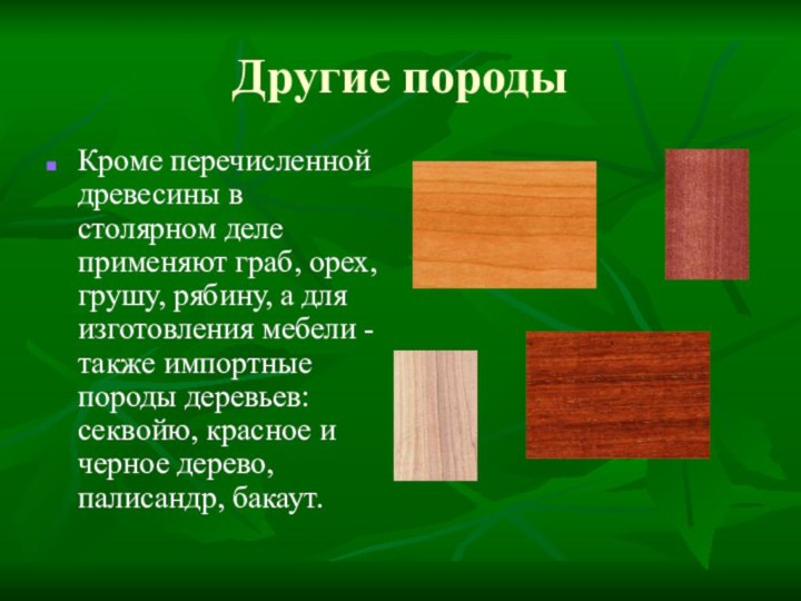 Другие породыКроме перечисленной древесины в столярном деле применяют граб, орех, грушу, рябину,