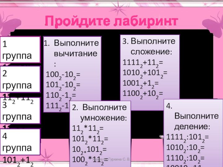 Выполните вычитание:1002-102=1012-102=1102-12=1112-112=Пройдите лабиринт1 группа112+1023 группа112+124 группа1012+122 группа112+1123. Выполните сложение:11112+112=10102+1012=10012+12=11002+102=4. Выполните деление:11112:1012=10102:102=11102:102=100102:112=2. Выполните умножение:112*112=1012*112=102*1012=1002*112=Учитель: Гуркина С. В.