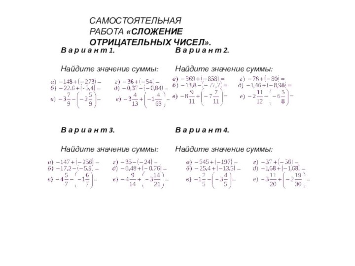 САМОСТОЯТЕЛЬНАЯ РАБОТА «СЛОЖЕНИЕ ОТРИЦАТЕЛЬНЫХ ЧИСЕЛ».                                                                                                                                                         САМОСТОЯТЕЛЬНАЯ РАБОТА «СЛОЖЕНИЕ ОТРИЦАТЕЛЬНЫХ ЧИСЕЛ».