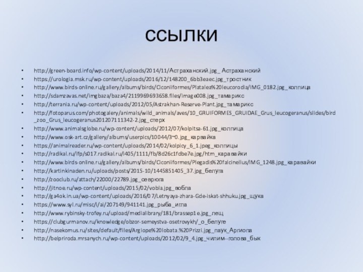 ссылкиhttp://green-board.info/wp-content/uploads/2014/11/Астраханский.jpg_ Астраханскийhttps://urologia.msk.ru/wp-content/uploads/2016/12/148200_6bb3eaec.jpg_тростникhttp://www.birds-online.ru/gallery/albums/birds/Ciconiiformes/Platalea%20leucorodia/IMG_0182.jpg_колпицаhttp://sdamzavas.net/imgbaza/baza4/2119969693658.files/image008.jpg_тамариксhttp://terrania.ru/wp-content/uploads/2012/05/Astrakhan-Reserve-Plant.jpg_тамариксhttp://fotoparus.com/photogalery/animals/wild_animals/aves/10_GRUIFORMES_GRUIDAE_Grus_leucogeranus/slides/bird_zoo_Grus_leucogeranus201207111342-2.jpg_стерхhttp://www.animalsglobe.ru/wp-content/uploads/2012/07/kolpitsa-61.jpg_колпицаhttp://www.osk-art.cz/gallery/albums/userpics/10044/3~0.jpg_карвайкаhttps://animalreader.ru/wp-content/uploads/2014/02/kolpicy_6_1.jpeg_колпицыhttp://radikal.ru/lfp/s017.radikal.ru/i405/1111/fb/8d26c1fdbe7e.jpg/htm_каравайкиhttp://www.birds-online.ru/gallery/albums/birds/Ciconiiformes/Plegadis%20falcinellus/IMG_1248.jpg_каравайкиhttp://kartinkinaden.ru/uploads/posts/2015-10/1445851405_37.jpg_белугаhttp://zooclub.ru/attach/22000/22789.jpg_севрюгаhttp://jitnoe.ru/wp-content/uploads/2015/02/vobla.jpg_воблаhttp://ga4ok.in.ua/wp-content/uploads/2016/07/Letnyaya-zhara-Gde-iskat-shhuku.jpg_щукаhttps://www.syl.ru/misc/i/ai/207149/941141.jpg_рыба_иглаhttp://www.rybinsky-trofey.ru/upload/medialibrary/181/brassep1e.jpg_лещhttps://clubgurmanov.ru/knowledge/obzor-semeystva-osetrovykh/_о_белугеhttp://nasekomus.ru/sites/default/files/Argiope%20lobata.%20Prizzi.jpg_паук_Аргиопаhttp://belpriroda.mrsanych.ru/wp-content/uploads/2012/02/9_4.jpg_чилим--голова_бык