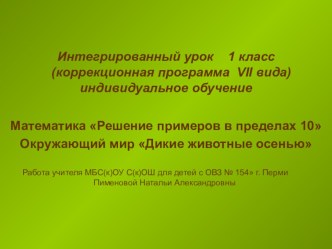 Интегрированный урок 1 класс (коррекционная программа VII вид) индивидуальное обучение, ребёнок с ОВЗ Тема Математика Решение примеров в пределах 10 Окружающий мир Дикие животные осенью