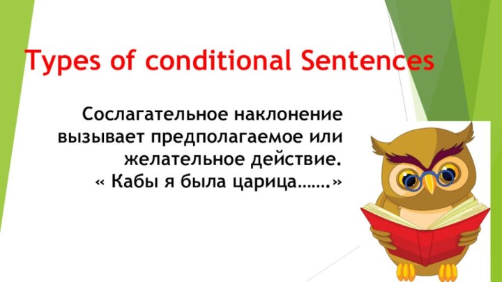 Types of conditional SentencesСослагательное наклонение вызывает предполагаемое или желательное действие. « Кабы я была царица…….»