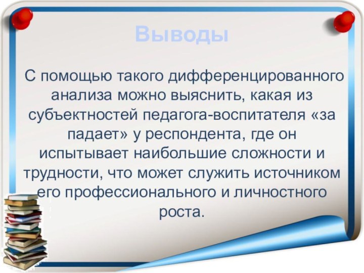 ВыводыС помощью такого дифференцированного анализа можно выяснить, какая из субъектностей педагога-воспитателя «за­падает»