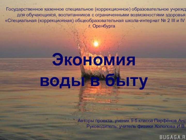 Экономия воды в бытуЭкономия воды в бытуАвторы проекта: ученик 9 б класса