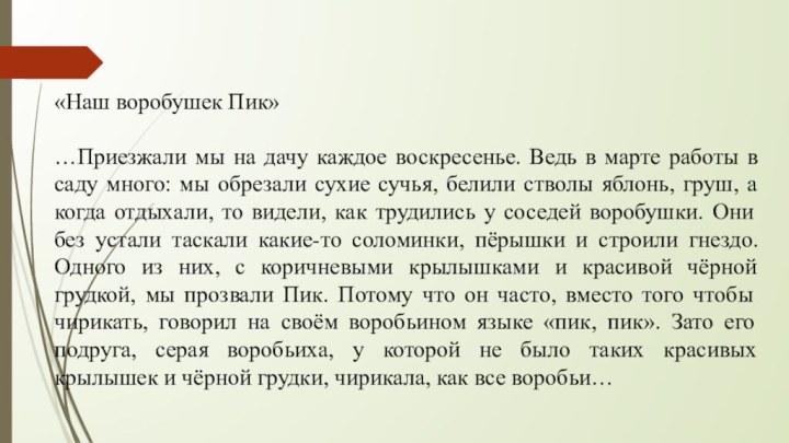 «Наш воробушек Пик»…Приезжали мы на дачу каждое воскресенье. Ведь в марте работы