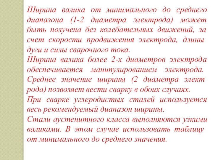 Ширина валика от минимального до среднего диапазона (1-2 диаметра электрода) может быть